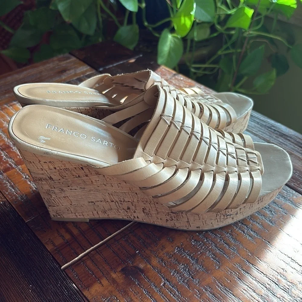 Franco Sarto Rosely Cork Wedge Platform woven leather Almond 8.5 M